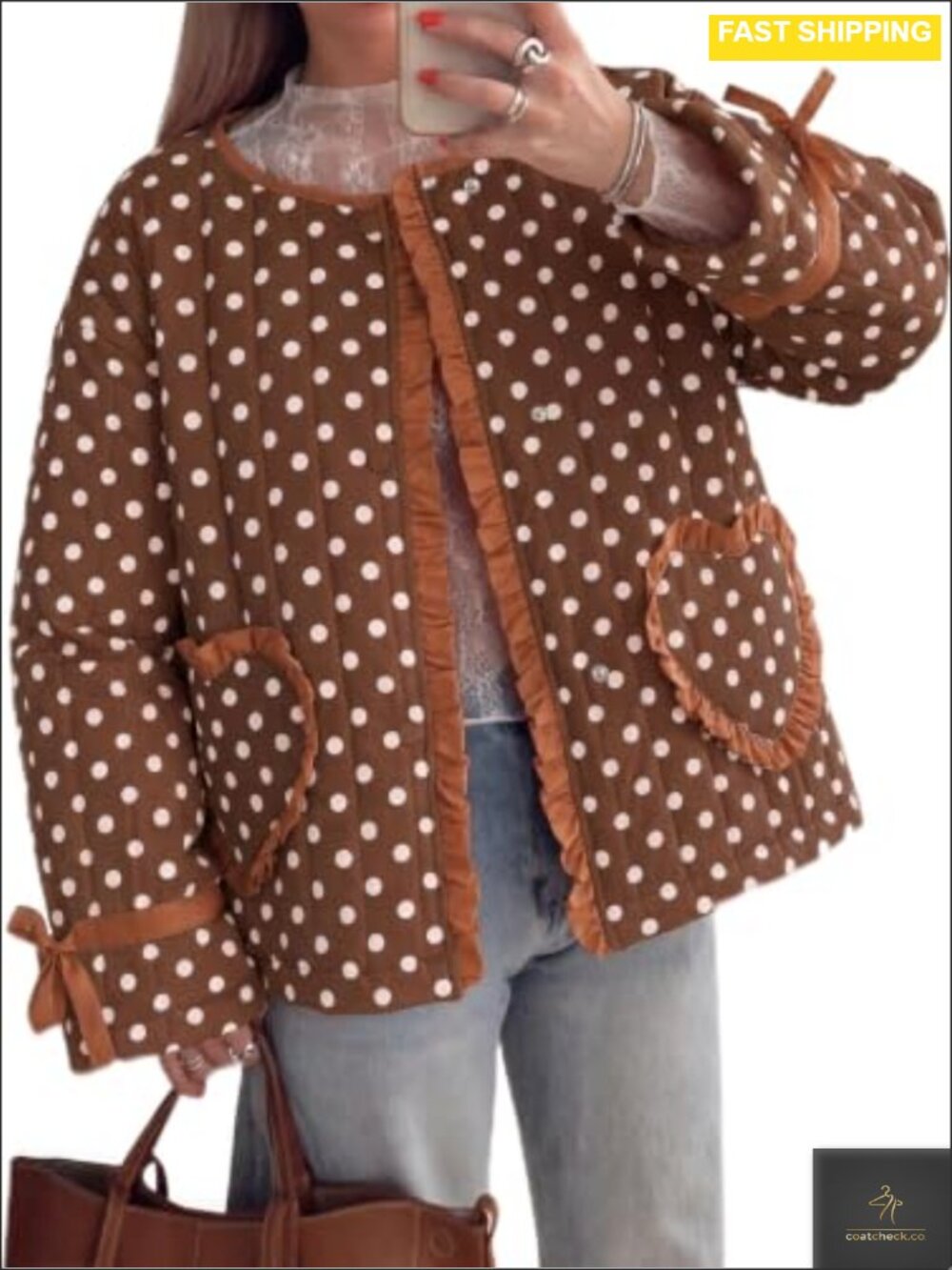 Quilted Cropped Open Front Jacket with Heart Pockets Bow Tie Cuffs